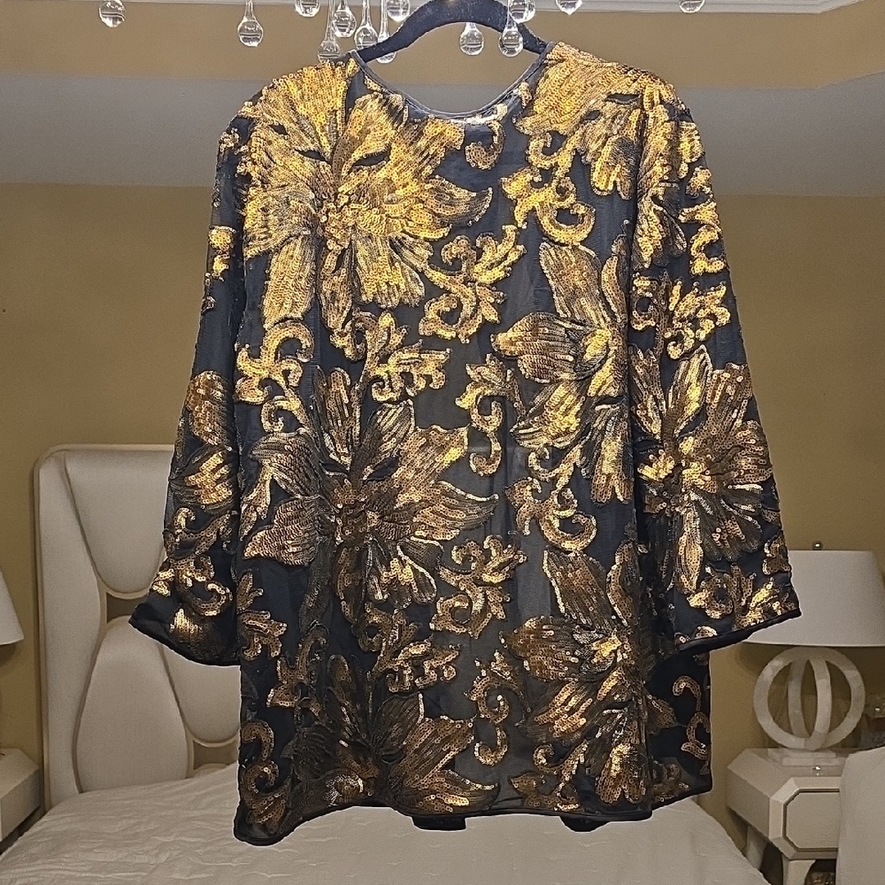 Chico's Black and Gold Embroidered Sequin Jacket Size 4 - Picture 7 of 16